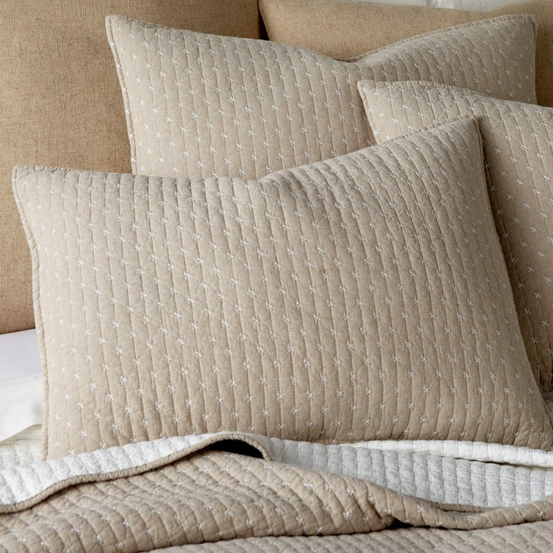 Levtex Home - Cross Stitch Taupe - Euro Shams Set of Two - (26x26in.), No Insert - Cross Stitched Pattern - Cotton Fabric - Image 3